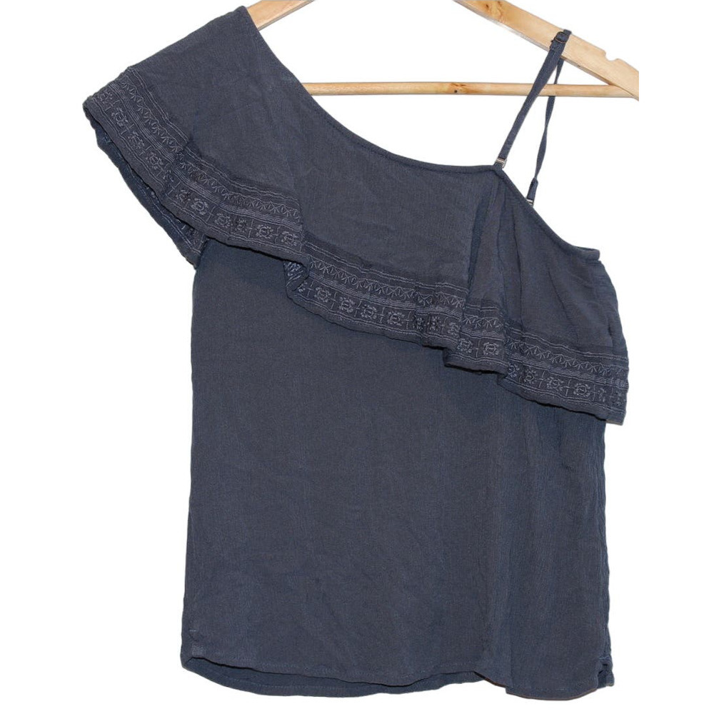 Womens Abercrombie & Fitch Navy Blue One Shoulder Embroidered Ruffle Top Size XS